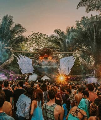 a festival crowd at sunset